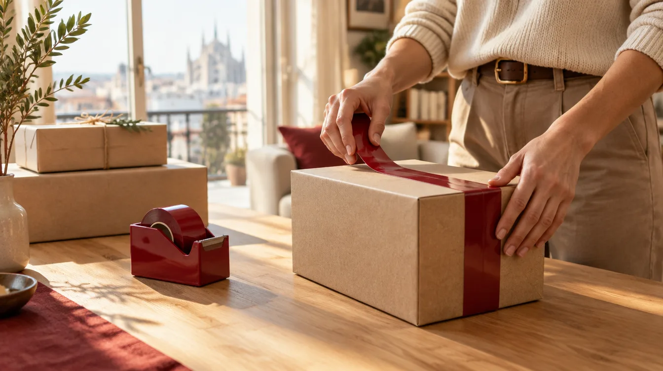 Mani che preparano con cura un pacco da spedire